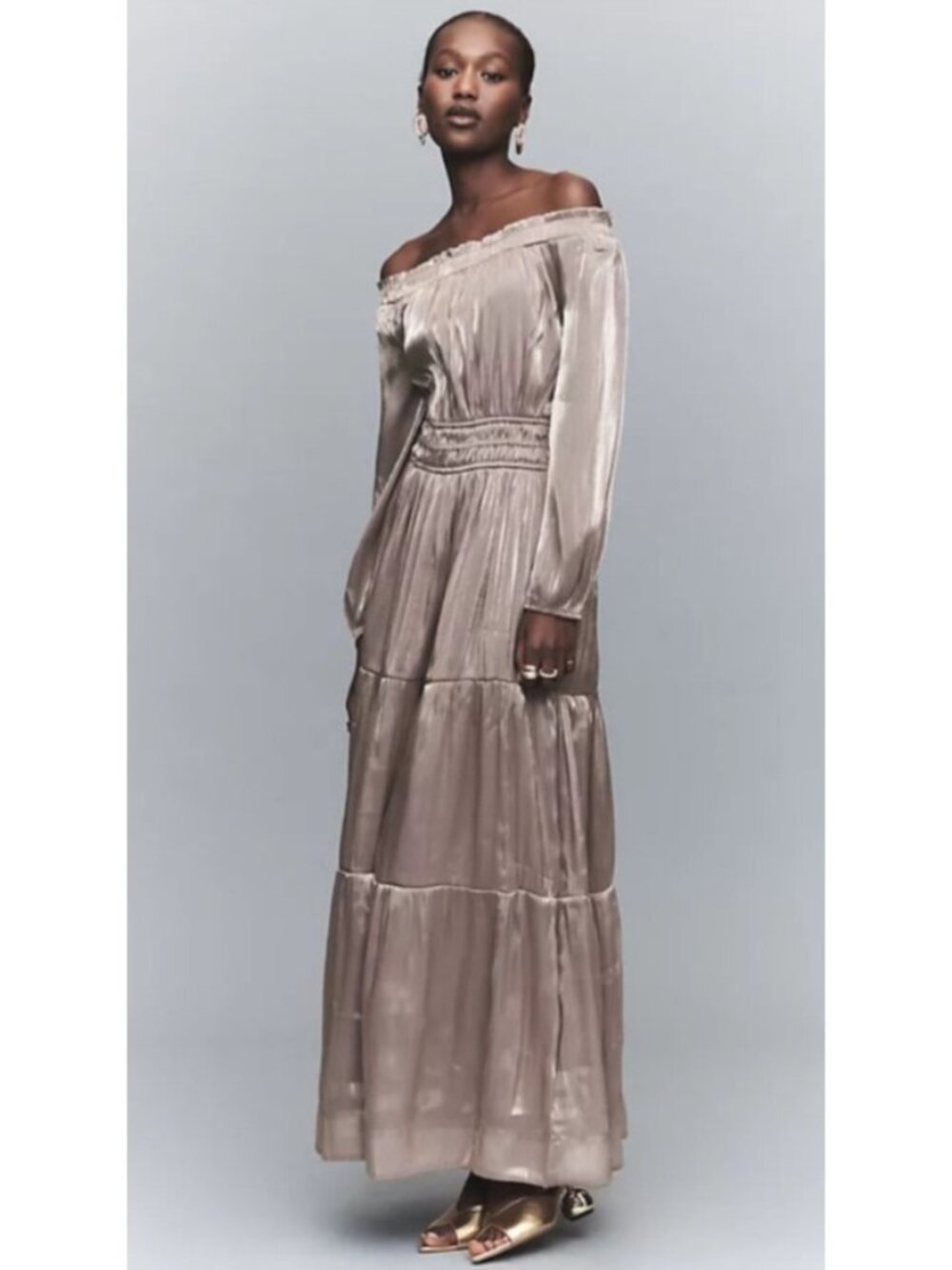 NEW Anthropologie the Somerset Off-Shoulder Shimmer Maxi Dress Brown Small